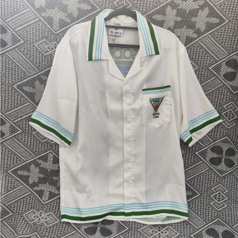 Casa Blanca White Short-Sleeve Bowling Shirt with Green & Light Blue Trim